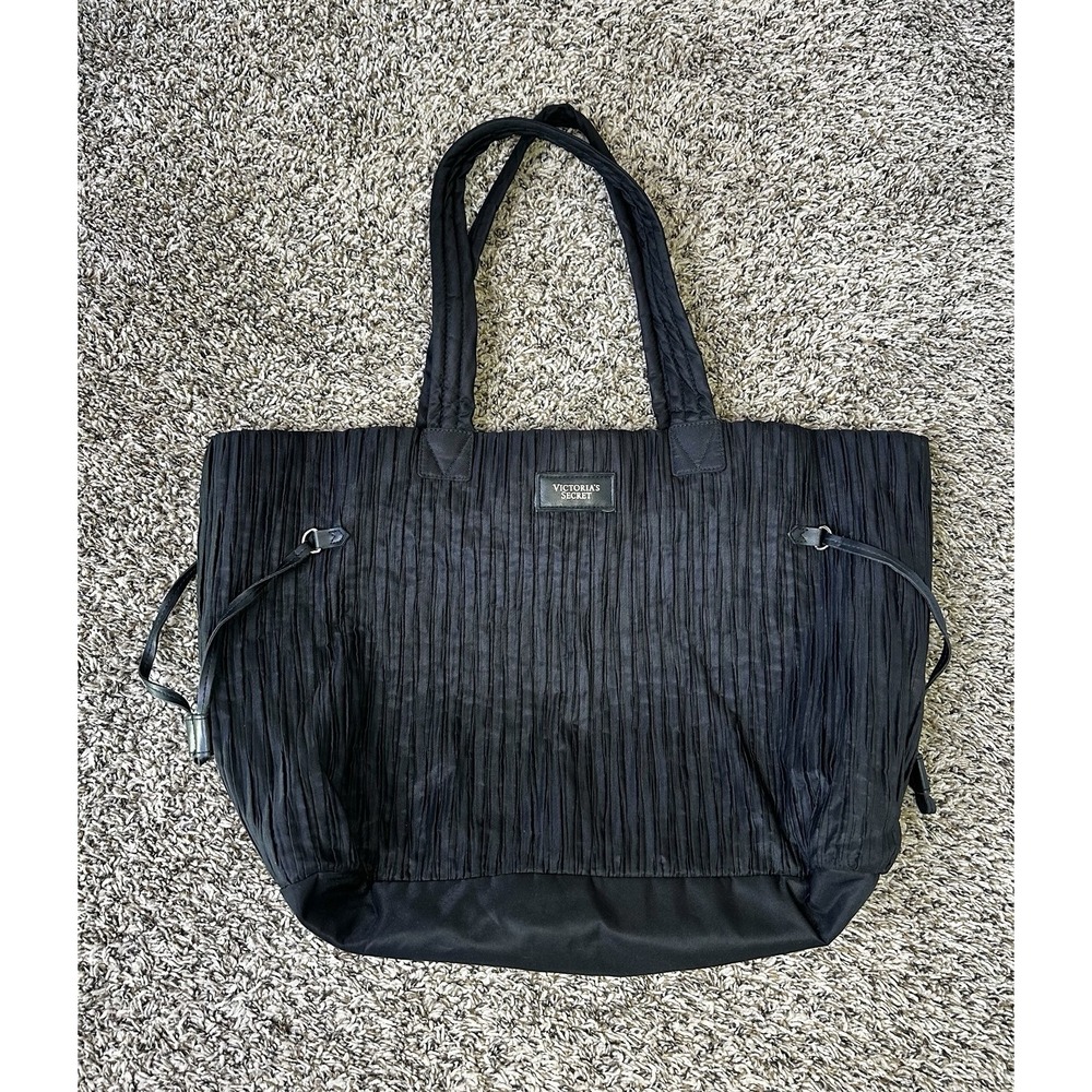Victorias Secret Crinkled Black Zip Top Satchel Tote Shoulder Bag Double Handles